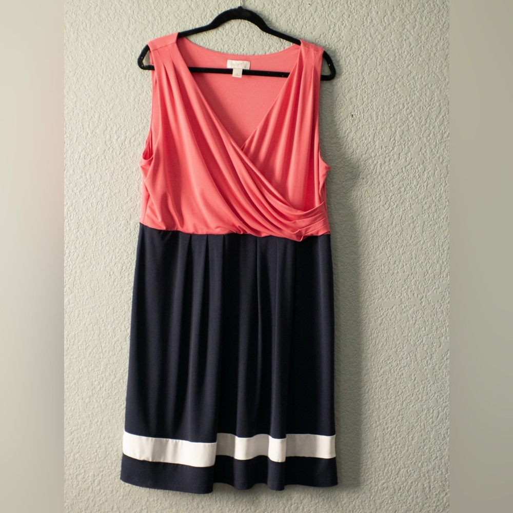 LOFT Coral and Navy Colorblock Midi Dress